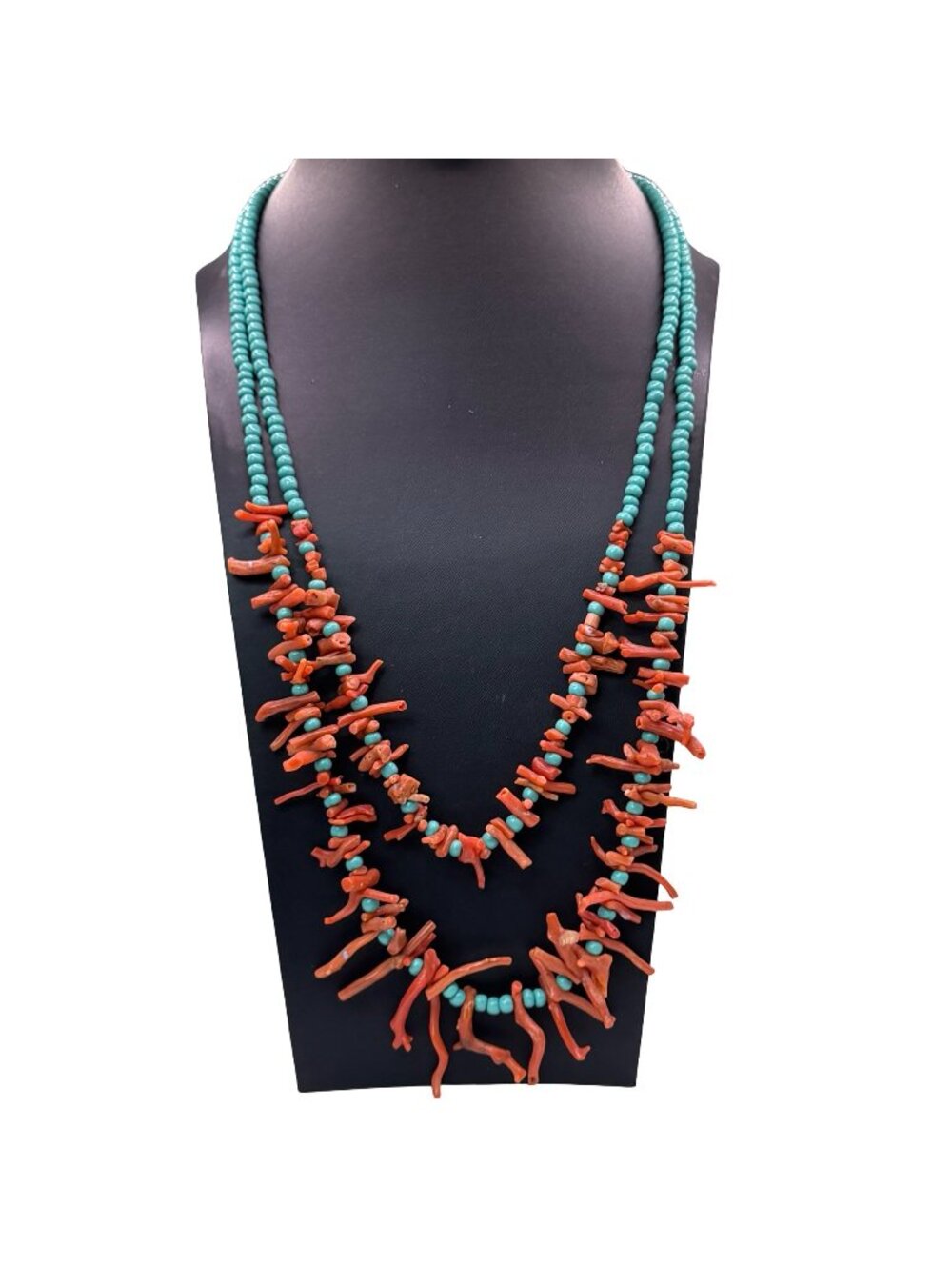 Vintage Double Strand Coral Branch Turquoise Beaded Necklace Gold-Tone Clasp 23"